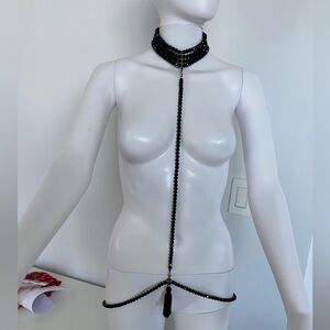 Black Beaded Body Chain Harness Necklace Choker Tassel